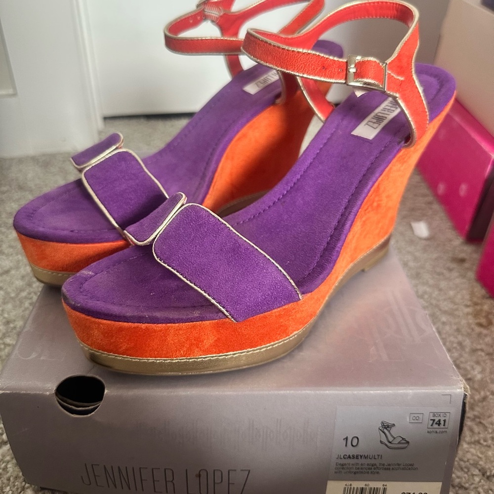 Jennifer Lopez Vibrant Purple and Orange Wedges